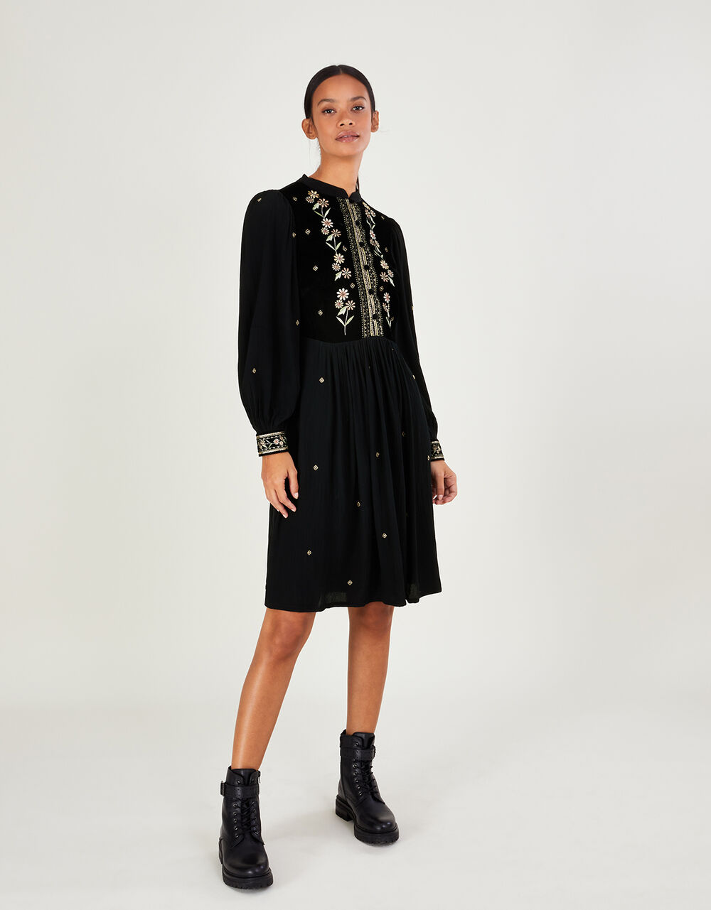 Nikki Embroidered Bib Dress Black Day Dresses Monsoon UK.