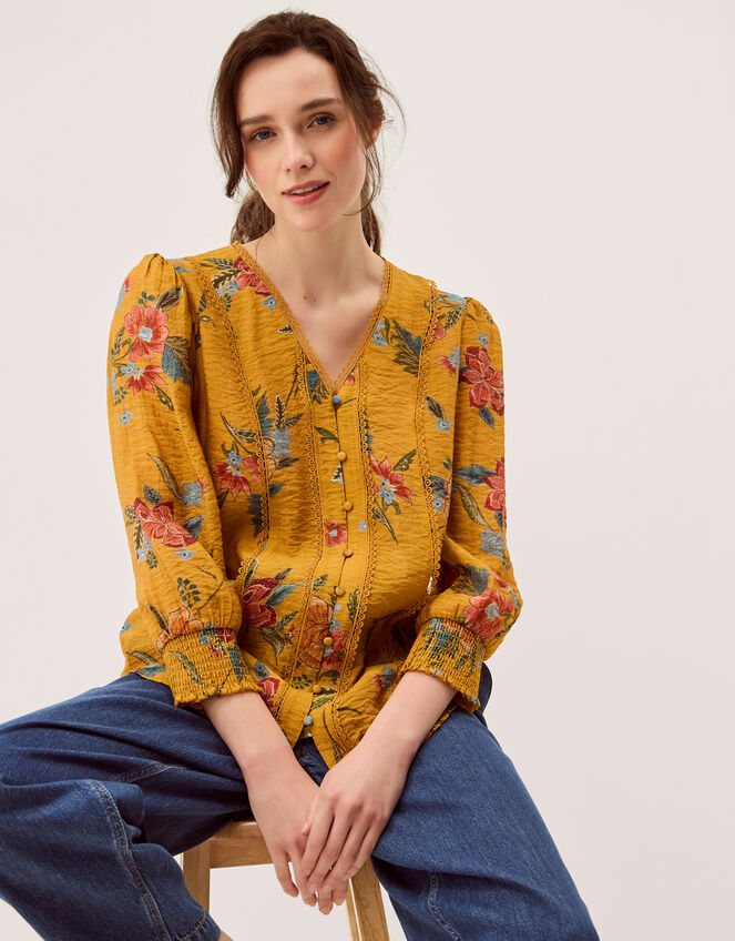 Rosaleigh V-Neck Floral Blouse Yellow