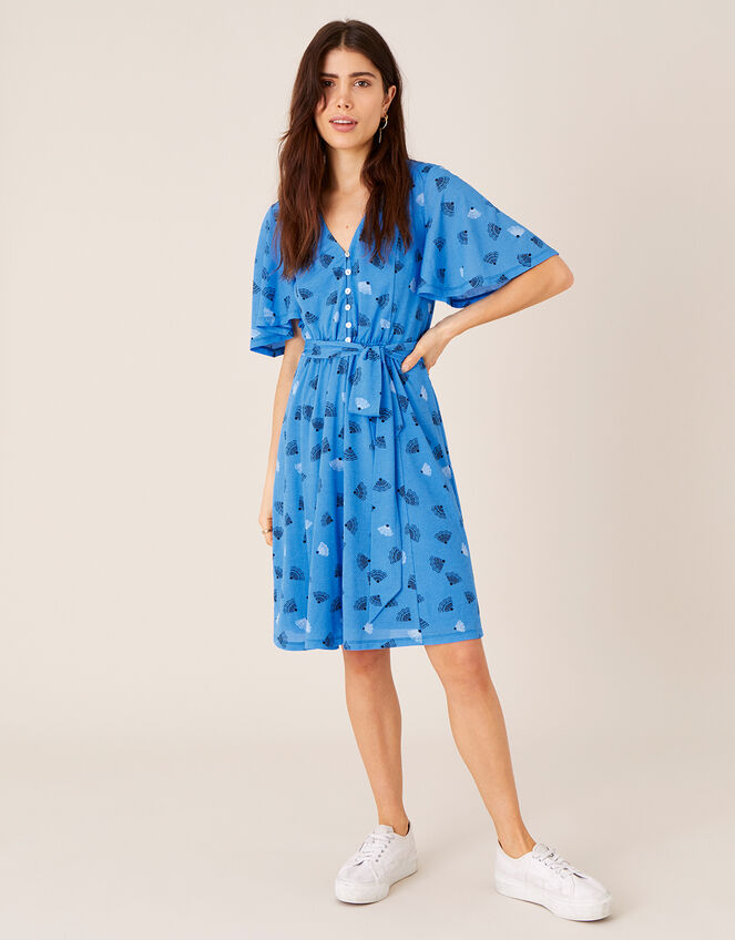Nancy Printed Tie Belt Short Dress, Blue (BLUE), large