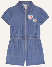 Watermelon Badge Denim Zip Front Playsuit, Blue (BLUE), large