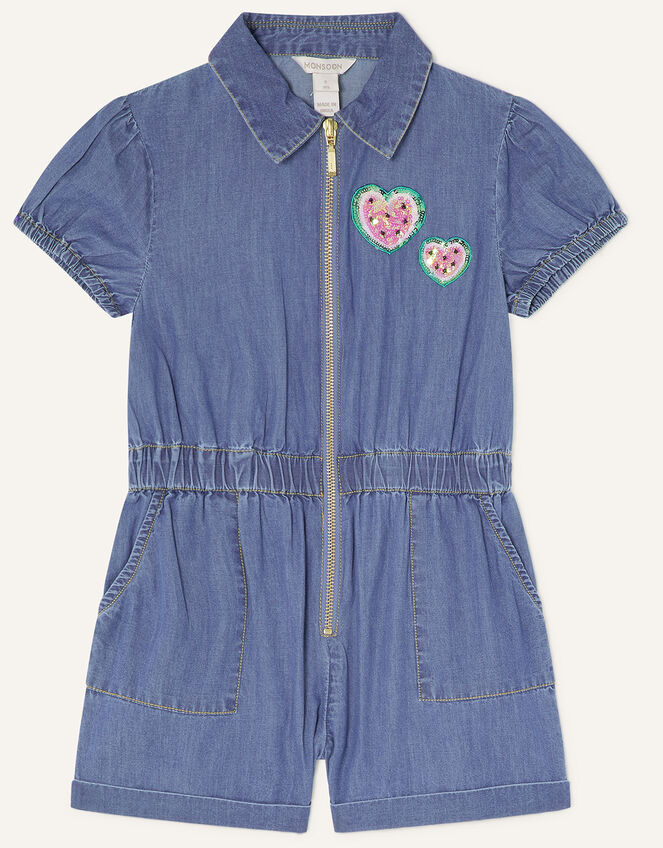 Watermelon Badge Denim Zip Front Playsuit, Blue (BLUE), large