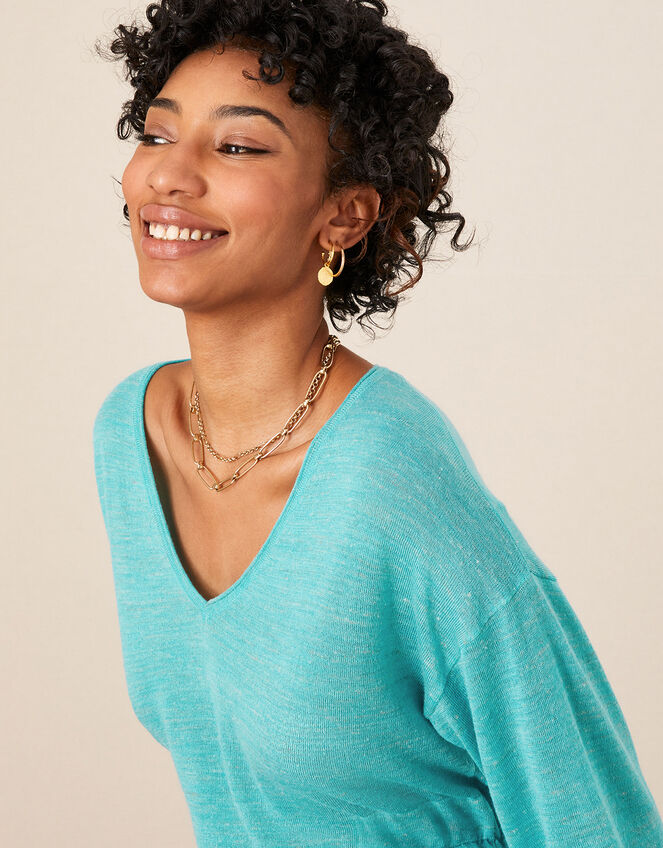 V Neck Longline Belted Jumper in Linen Blend, Blue (TURQUOISE), large