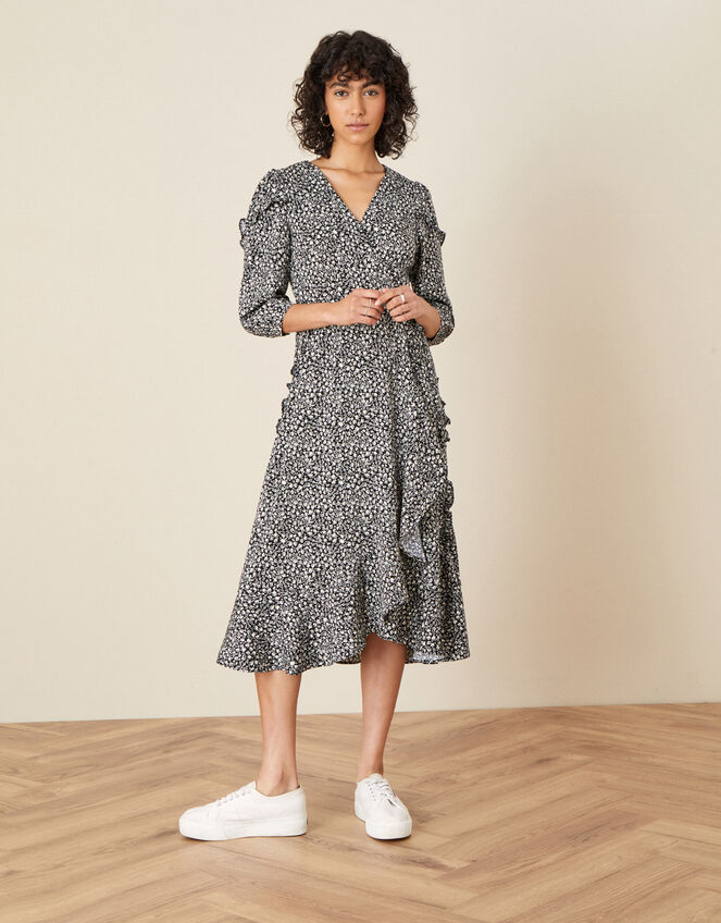 Ditsy Print Midi Dress, Black (BLACK), large