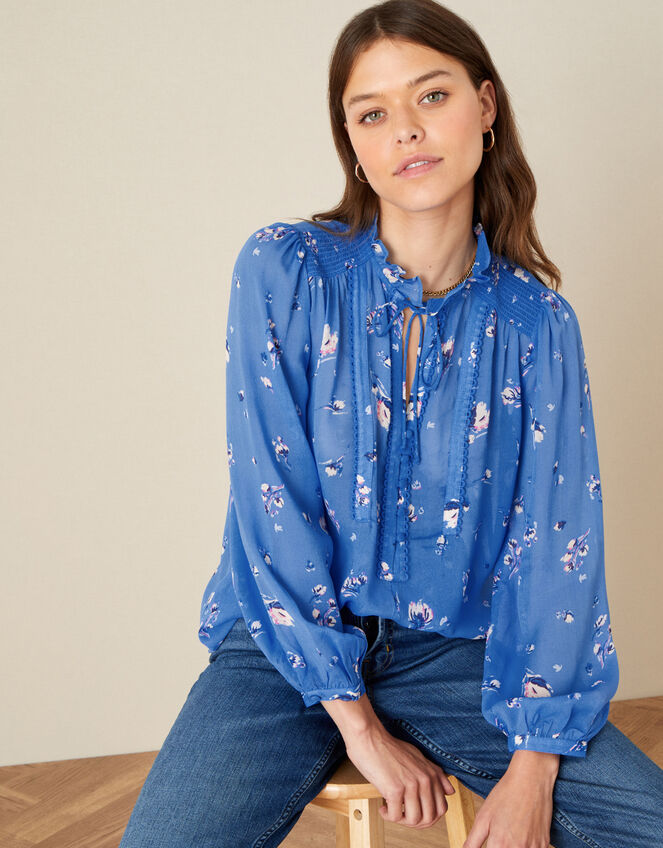 Floral Tie Neck Blouse, Blue (BLUE), large