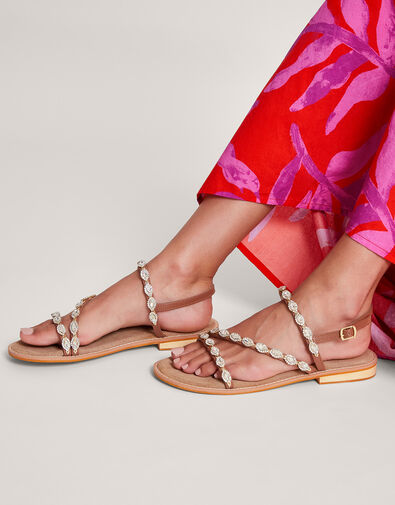 Embellished Leather Sandals, Gold (GOLD), large