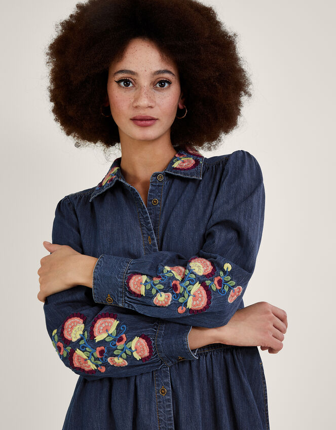 Embroidered Denim Midi Shirt Dress, Blue (DENIM BLUE), large