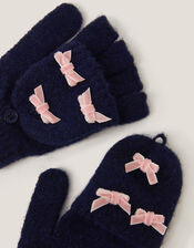 Bow Fingerless Gloves with Mittens, Blue (NAVY), large