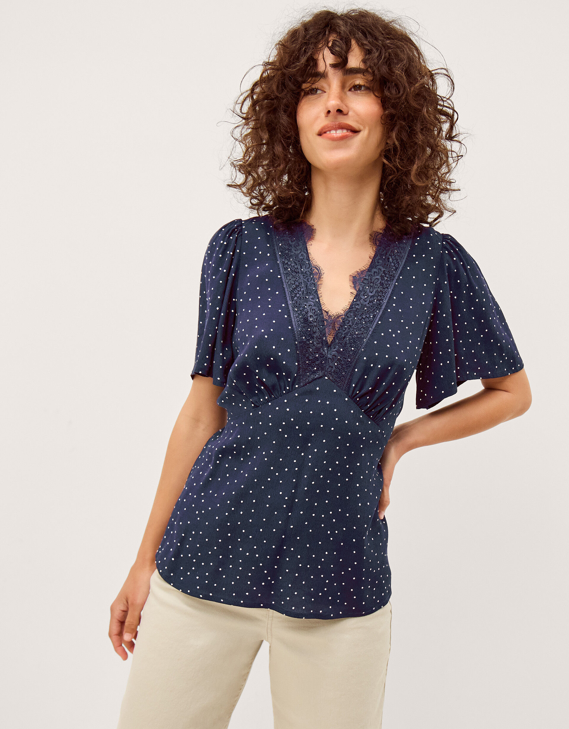 Cleo Lace Polka Dot Top Blue | Tops & T-shirts | Monsoon UK.