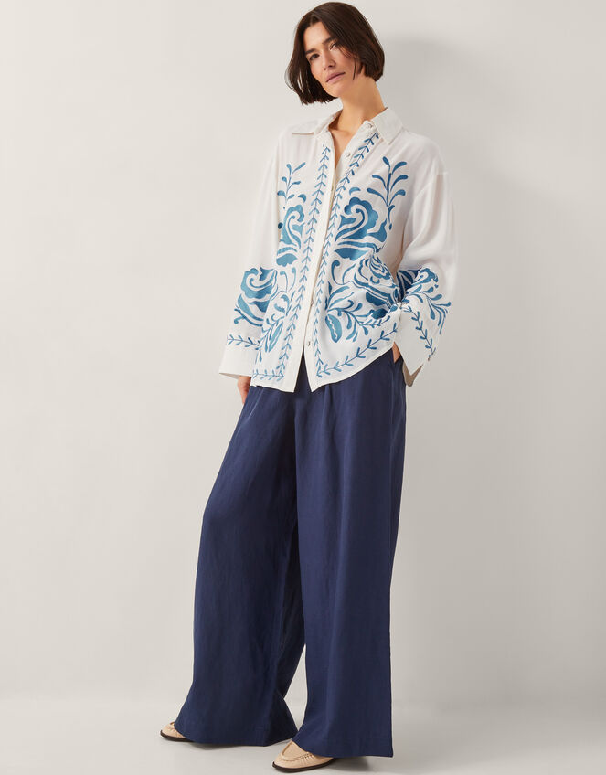 Cora Leaf Embroidered Shirt, White (WHITE), large