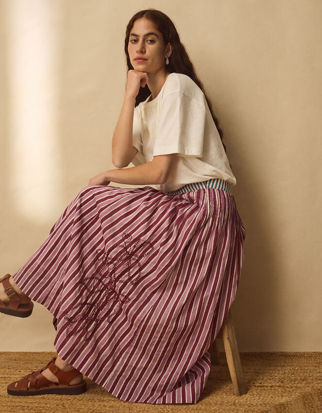 East Vika Hand-Woodblock Stripe Maxi Skirt, Red (BERRY), large