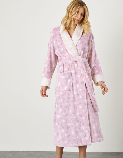 Heart Print Fluffy Dressing Gown  Pink, Pink (PINK), large