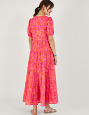 Tiered Leaf Print Maxi Dress , Orange (ORANGE), large