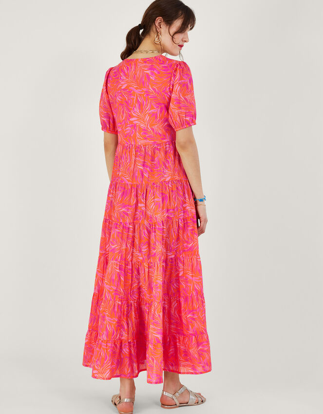 Tiered Leaf Print Maxi Dress , Orange (ORANGE), large