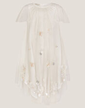 Butterfly Embellished Short Sleeve Swing Dress, Ivory (IVORY), large