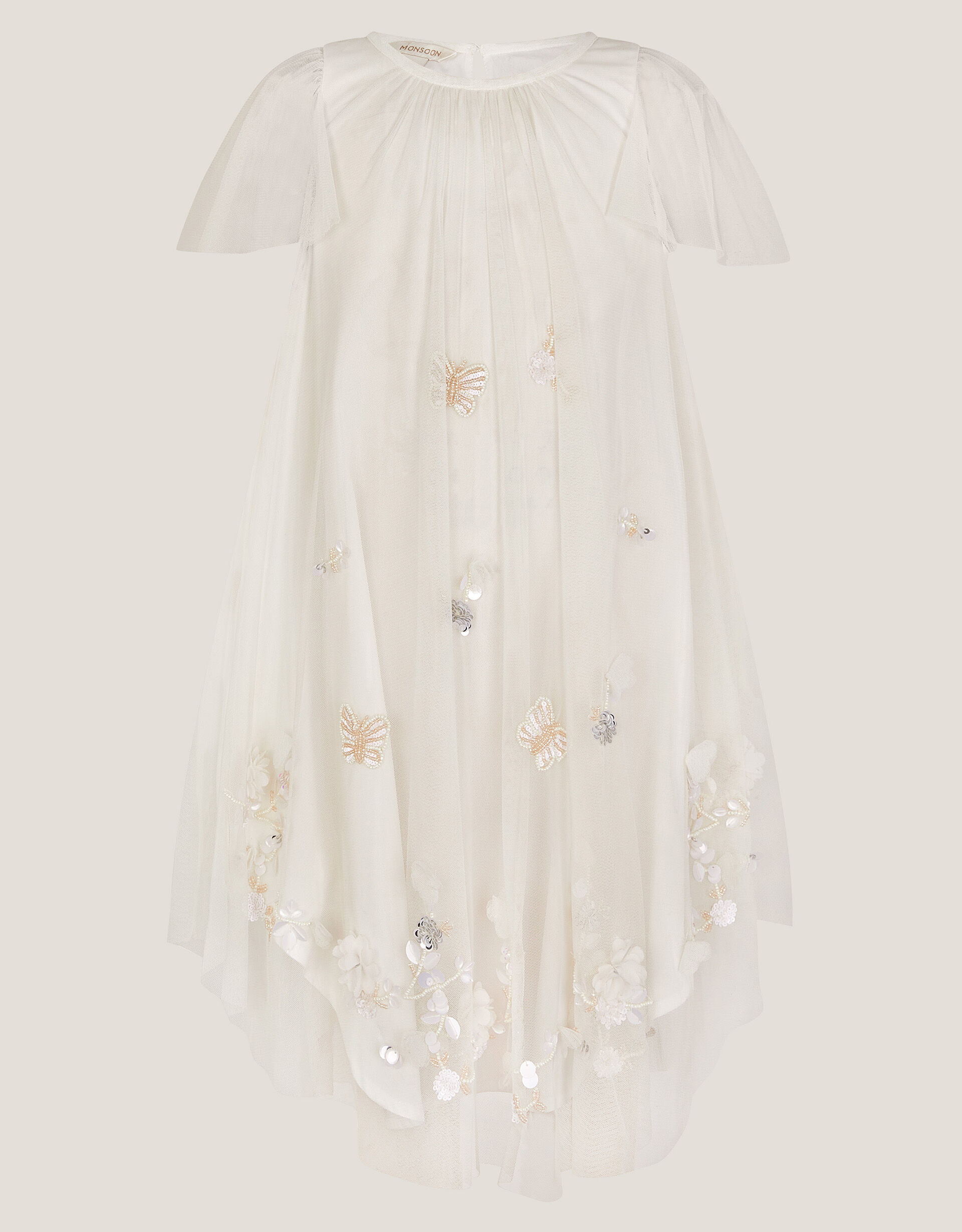 Butterfly Embellished Short Sleeve Swing Dress, Ivory (IVORY), large