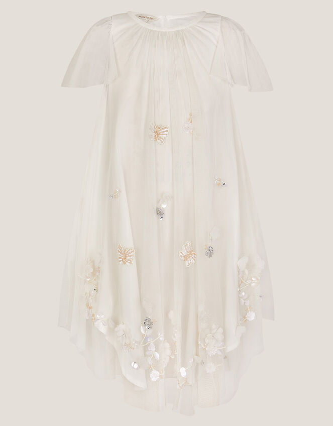 Butterfly Embellished Short Sleeve Swing Dress, Ivory (IVORY), large