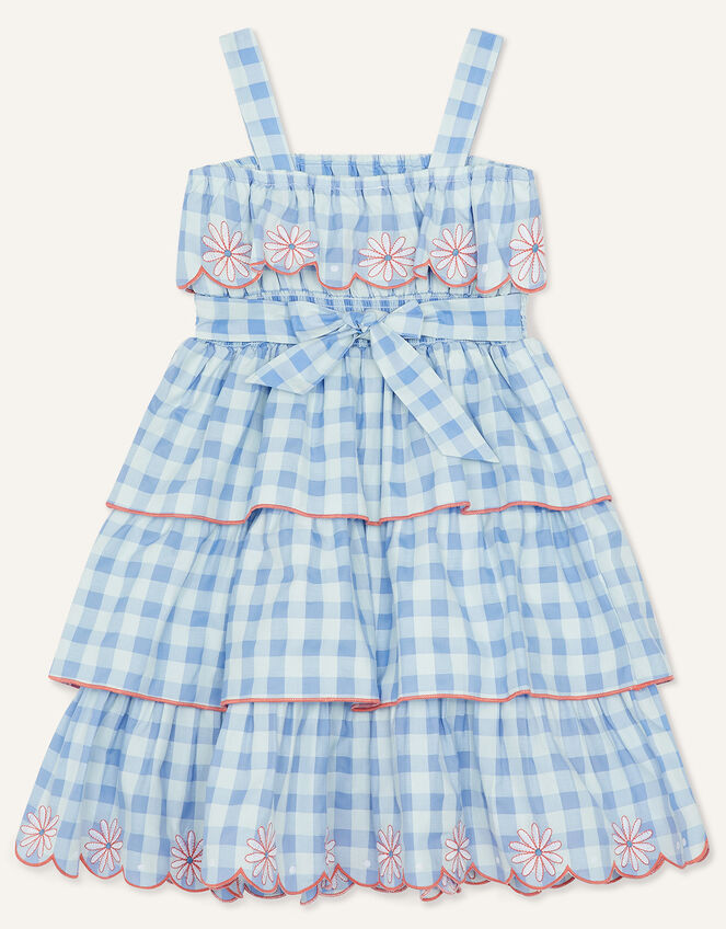 Strappy Gingham Embroidered Tiered Dress, Blue (BLUE), large