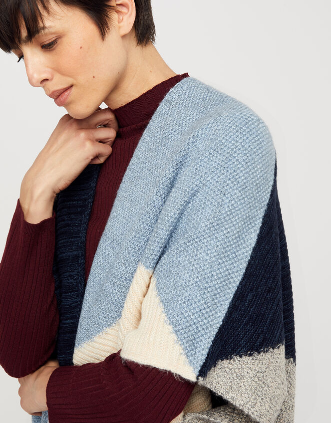 Polly Colour-Block Knit Poncho, Blue (BLUE), large