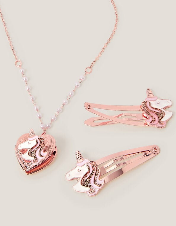 Unicorn Heart Locket Necklace & Hair Clips Set, , large
