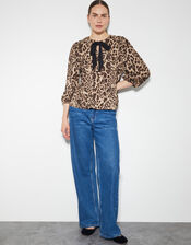 Archie Leopard Print Peplum Top, Brown (BROWN), large