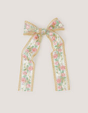 Floral Embroidered Bow Hair Clip, , large
