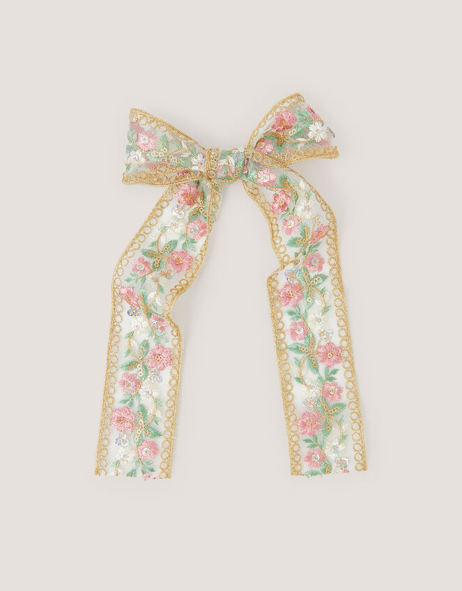Floral Embroidered Bow Hair Clip, , large
