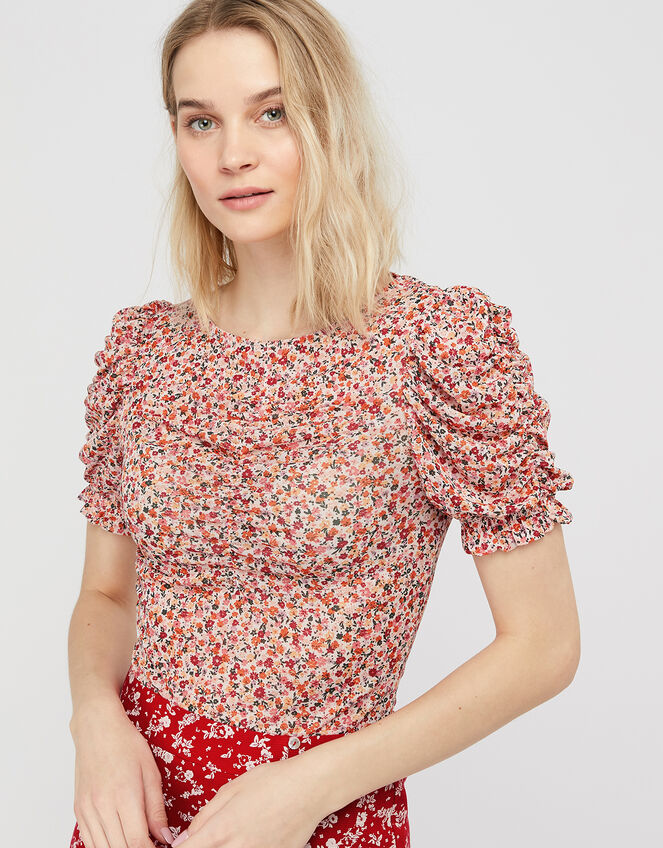 Fia Floral Mesh Top, Pink (PINK), large