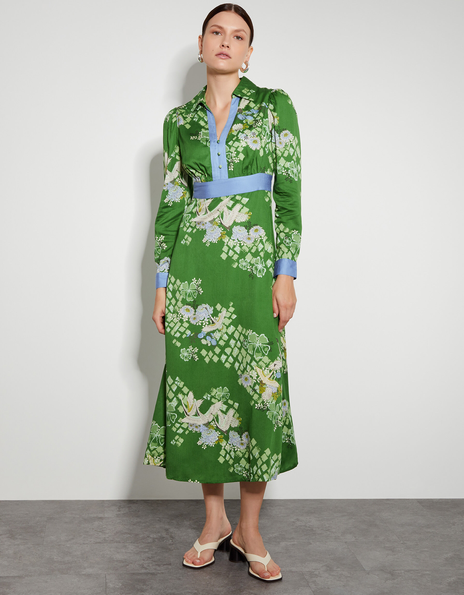 Jennifer Long Sleeve Floral Print Midi Dress Green Day Dresses Monsoon UK