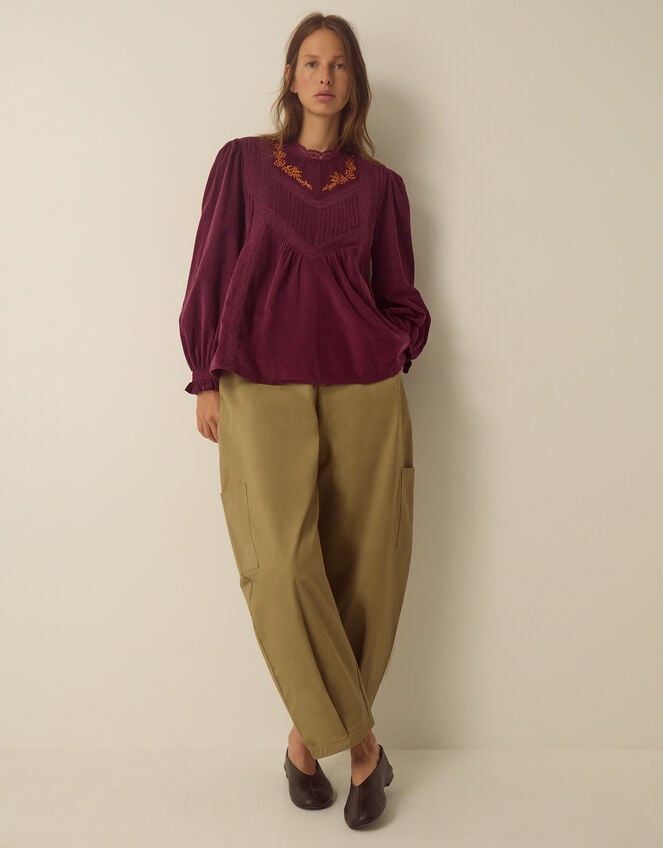 Tyra Long Sleeve Embroidered Corduroy Top, Red (BURGUNDY), large