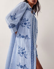 Marlowe Stripe Embroidered Midi Shirt Dress, Blue (BLUE), large