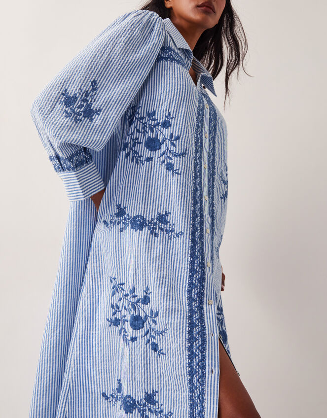 Marlowe Stripe Embroidered Midi Shirt Dress, Blue (BLUE), large