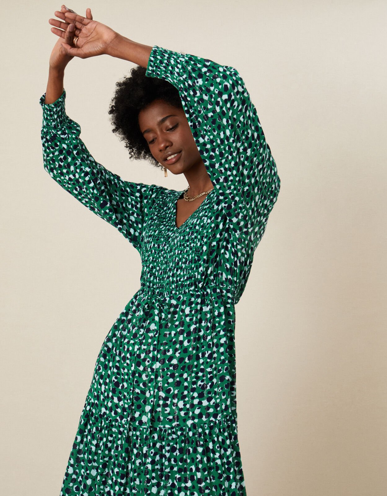 Shirred Animal Print Dress Green Day Dresses Monsoon UK