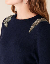 Beaded Shoulder Knit Jumper, Blue (NAVY), large