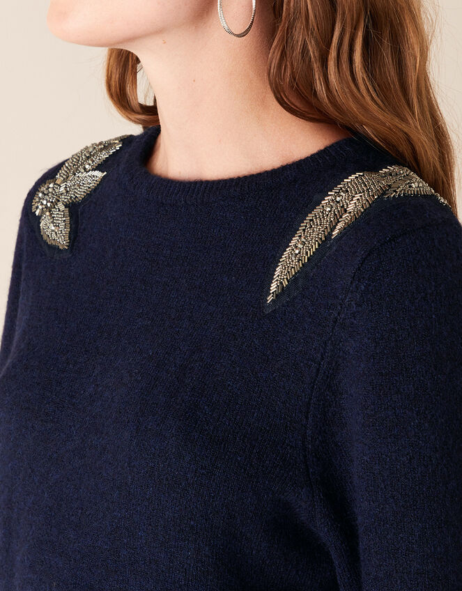 Beaded Shoulder Knit Jumper, Blue (NAVY), large
