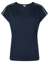 Liza Metallic Stitching T-shirt in Pure Linen, Blue (NAVY), large