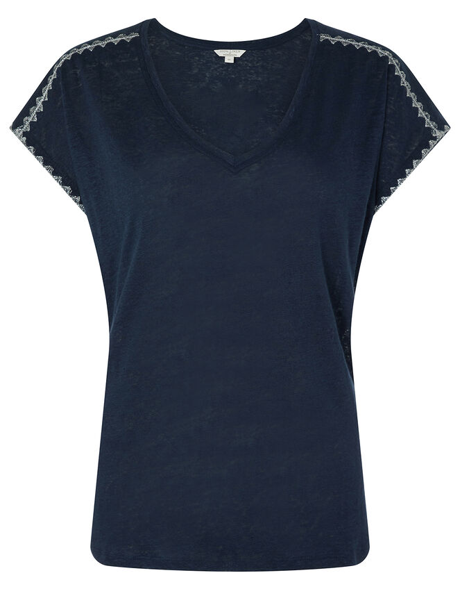 Liza Metallic Stitching T-shirt in Pure Linen, Blue (NAVY), large