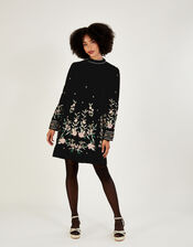 Nikki Velvet Embroidered Tunic Dress, Black (BLACK), large