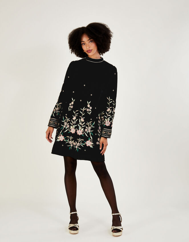 Nikki Velvet Embroidered Tunic Dress, Black (BLACK), large