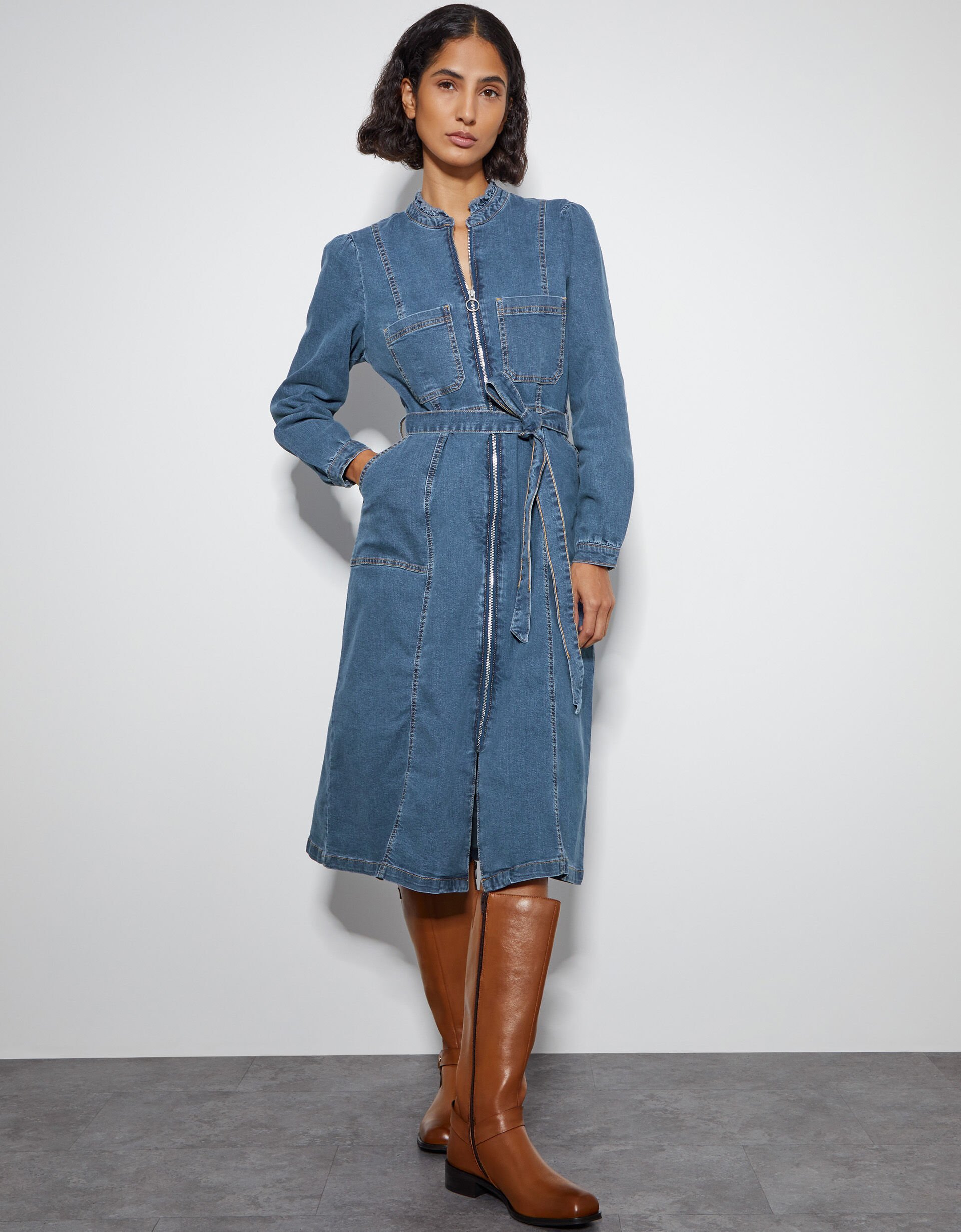 Long sleeve midi denim dress clearance