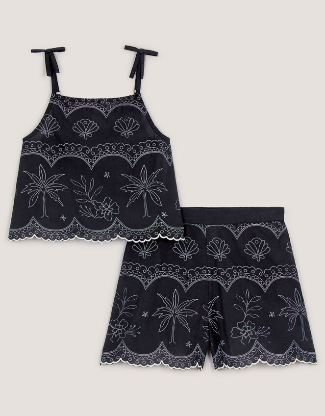 Palm Embroidered Top & Shorts Set, Black (BLACK), large