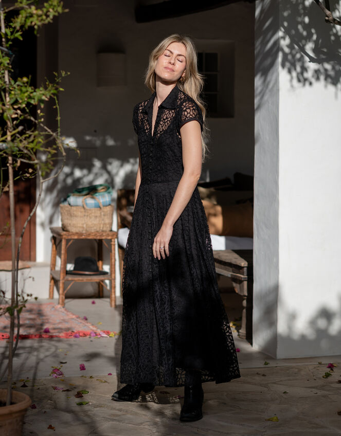 Lyrical Sisters Lace Maxi Shirt Dress, Black (BLACK), large