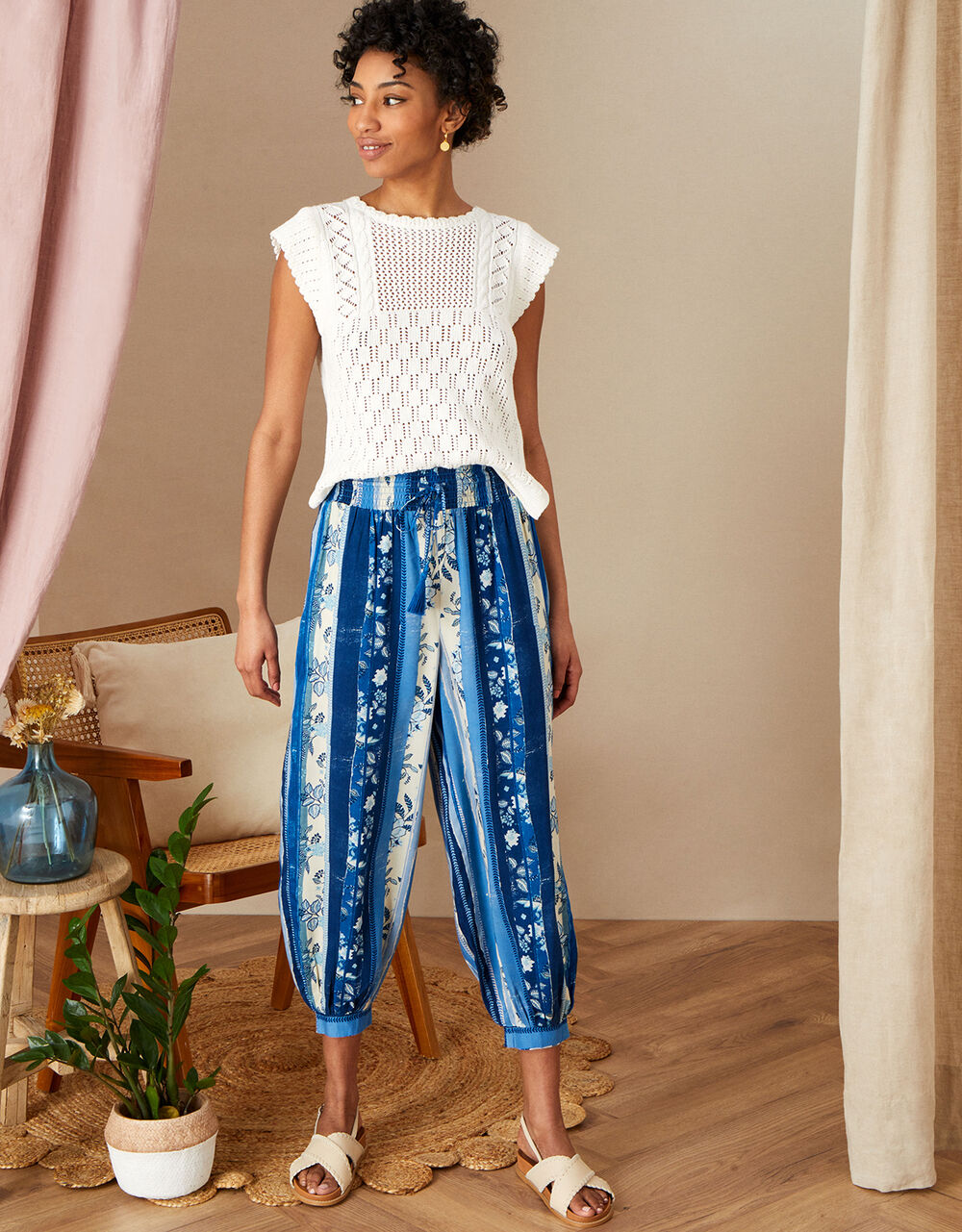 Women Women's Clothing | Multi Stripe Print Harem Trousers in LENZING™ ECOVERO™ Blue - RB43884