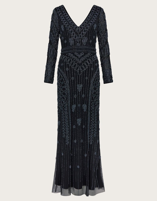 Lorelai Beaded Long Sleeve Maxi Dress, Black (BLACK), large