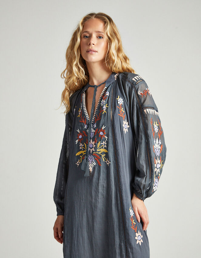 Raffya Eliza Embroidered Shirt Dress , Grey (GREY), large