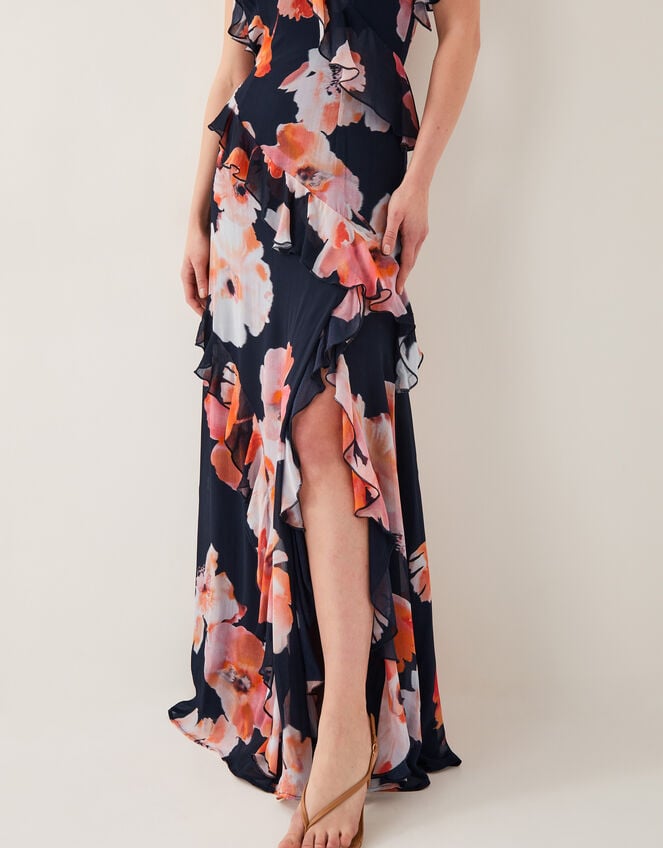 Carrie Floral Ruffle Chiffon Maxi Dress, Black (BLACK), large