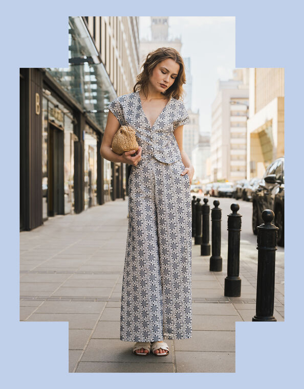 Traffic People Rene Floral Wide Leg Trousers, Blue (NAVY), large