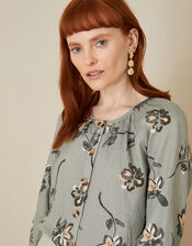 Button Through Printed Linen Blouse, Green (SAGE), large