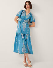 Noa Short Sleeve Embroidered Midi Dress, Blue (BLUE), large