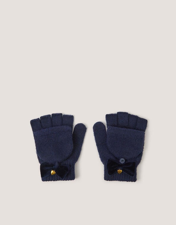 Velvet Bow Fingerless Gloves, Blue (NAVY), large