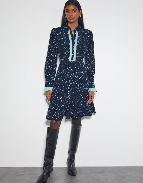 Novie Polka Dot Mini Shirt Dress, Blue (NAVY), large